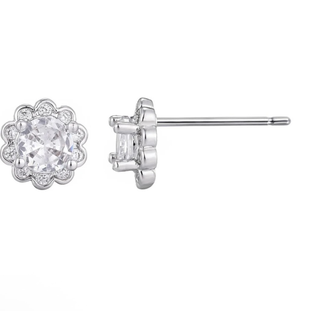 Silver Plated Floral Halo CZ Stud Earrings